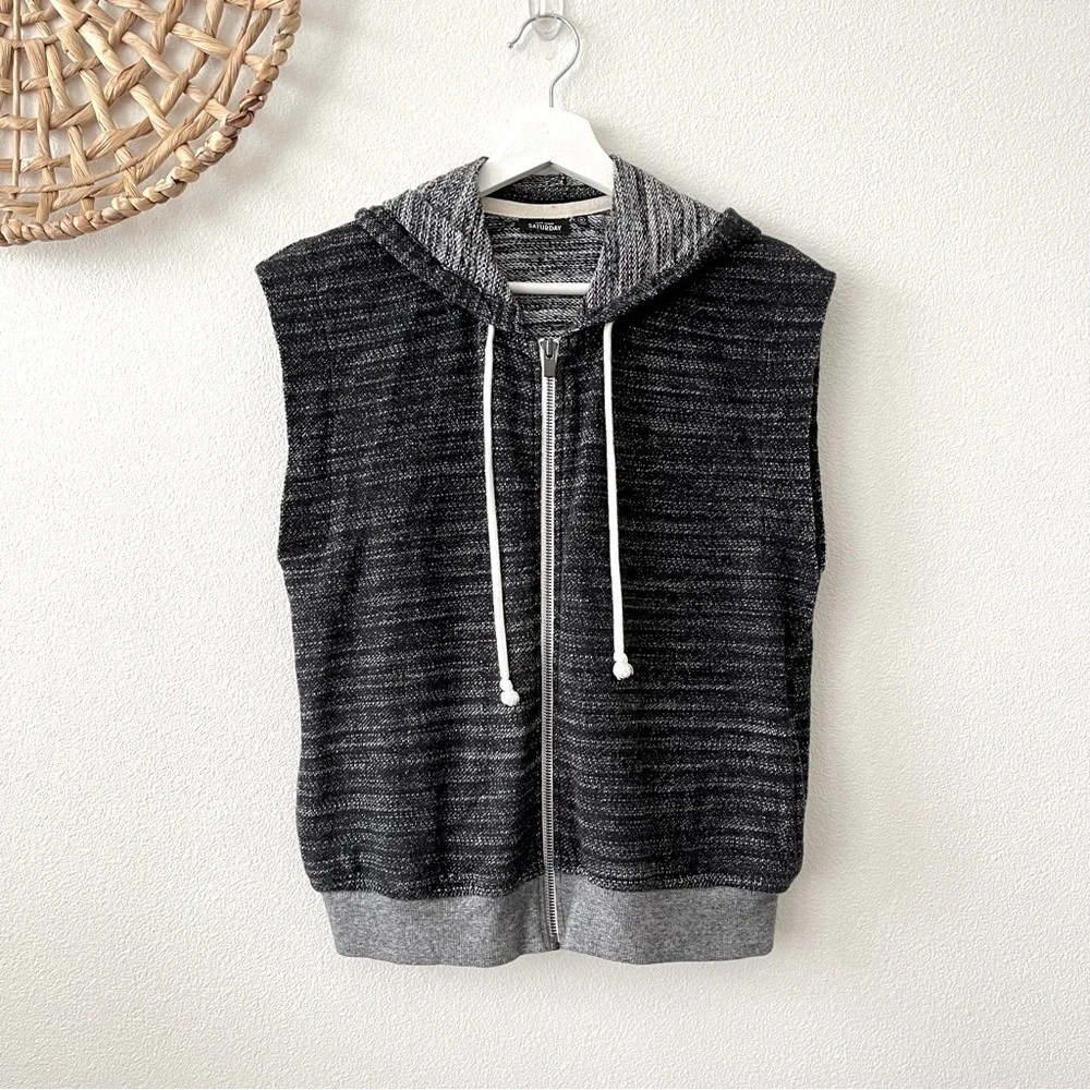 Kate Spade Saturday Black and Grey Marled Knit Hooded Vest M